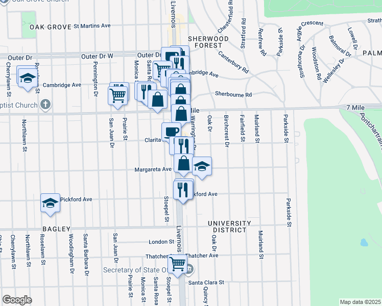 map of restaurants, bars, coffee shops, grocery stores, and more near 18665 Warrington Dr in Detroit