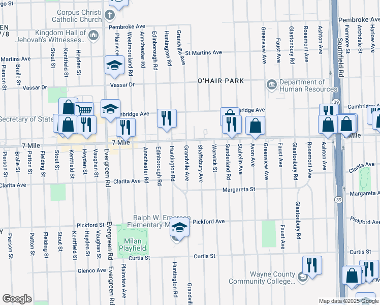 map of restaurants, bars, coffee shops, grocery stores, and more near 18762 Grandville Avenue in Detroit