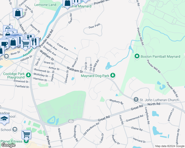 map of restaurants, bars, coffee shops, grocery stores, and more near 115 Waltham Street in Maynard