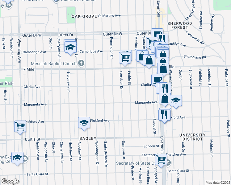 map of restaurants, bars, coffee shops, grocery stores, and more near 18674 Pennington Drive in Detroit
