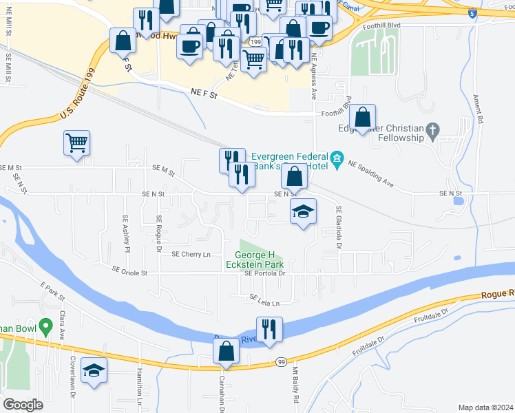 map of restaurants, bars, coffee shops, grocery stores, and more near 1713 Southeast Softwood Way in Grants Pass
