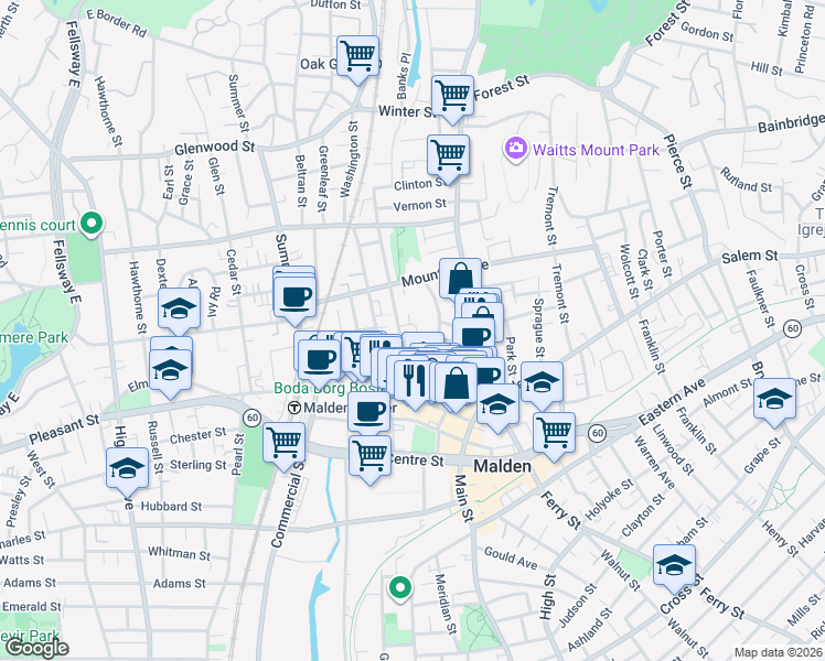 map of restaurants, bars, coffee shops, grocery stores, and more near 66 Waverly Street in Malden