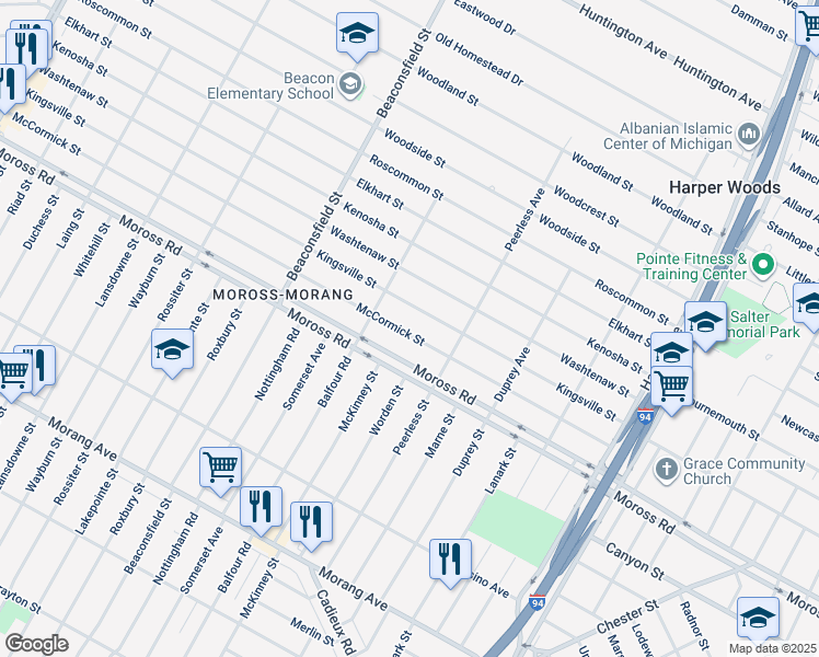 map of restaurants, bars, coffee shops, grocery stores, and more near 19967 McCormick Street in Detroit