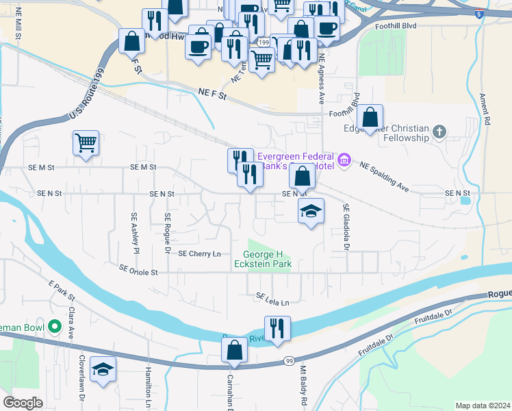 map of restaurants, bars, coffee shops, grocery stores, and more near 1110 Southeast Catherine Way in Grants Pass