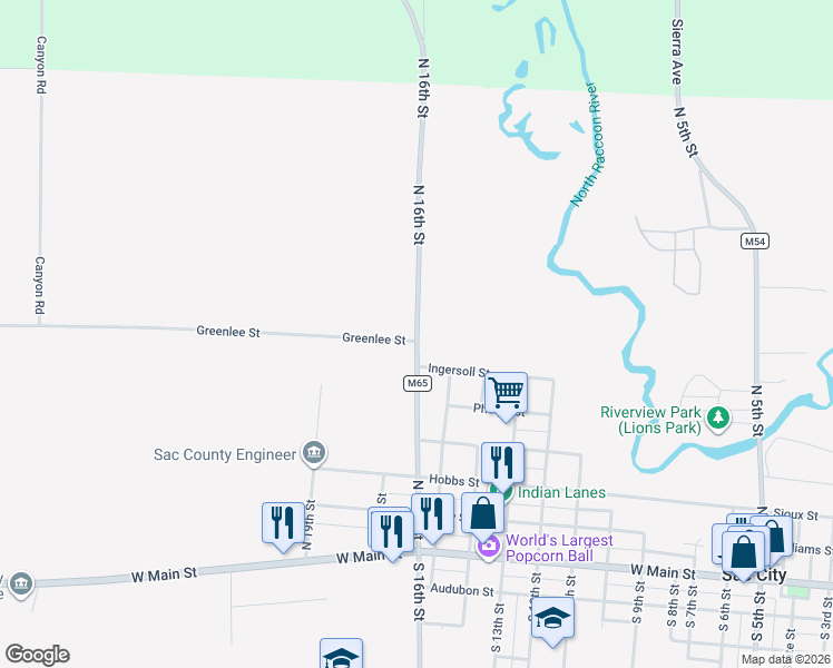 map of restaurants, bars, coffee shops, grocery stores, and more near County Highway M65 in Sac City