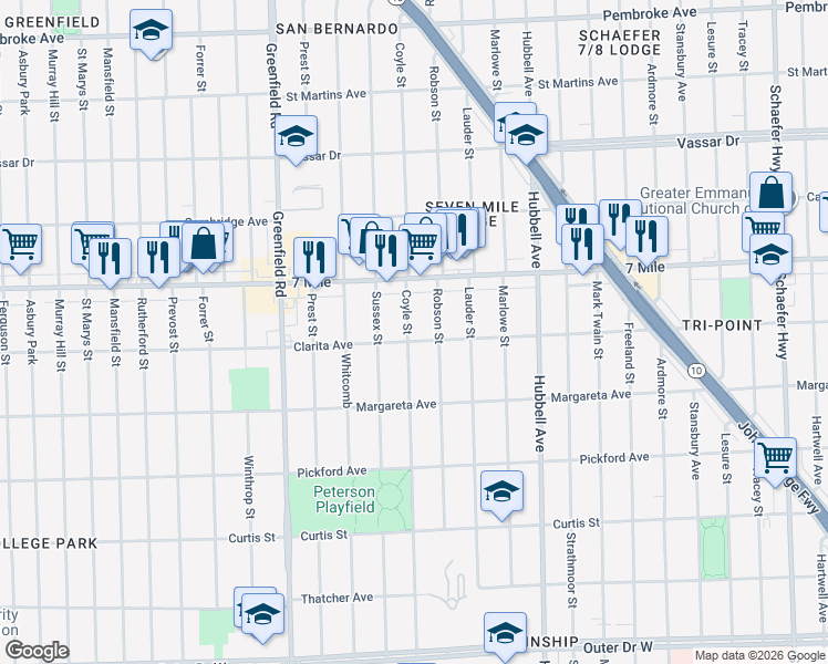 map of restaurants, bars, coffee shops, grocery stores, and more near 18910 Coyle Street in Detroit