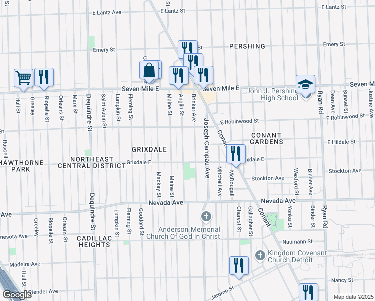 map of restaurants, bars, coffee shops, grocery stores, and more near 18546 Anglin Street in Detroit