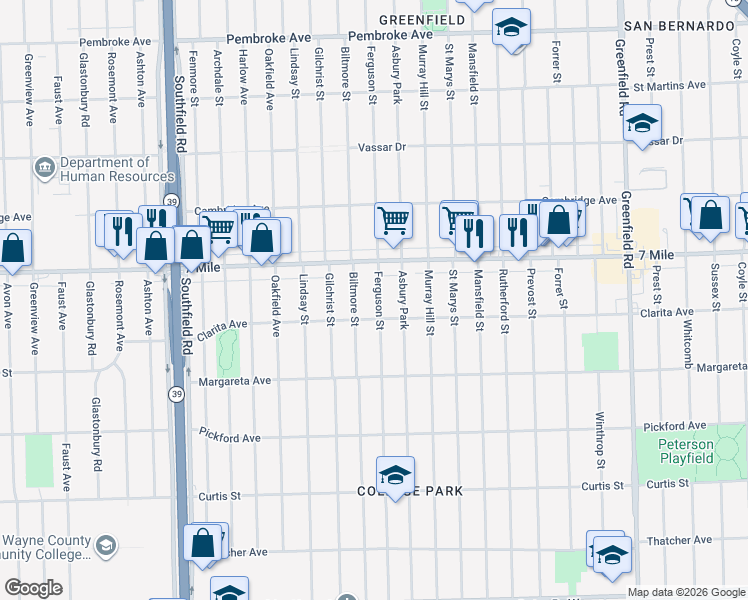 map of restaurants, bars, coffee shops, grocery stores, and more near 18937 Ferguson Street in Detroit