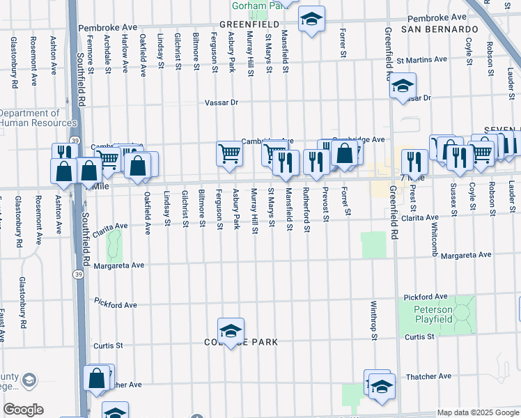 map of restaurants, bars, coffee shops, grocery stores, and more near 18936 Murray Hill Street in Detroit
