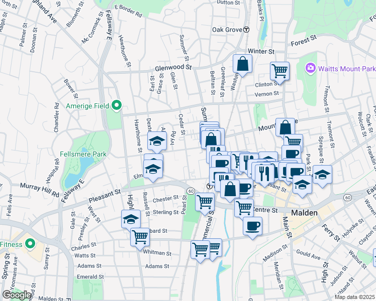map of restaurants, bars, coffee shops, grocery stores, and more near 64 Maple Street in Malden