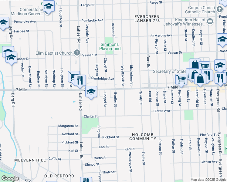 map of restaurants, bars, coffee shops, grocery stores, and more near 21401 West Seven Mile Road in Detroit