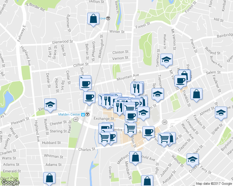 map of restaurants, bars, coffee shops, grocery stores, and more near 57 Linden Avenue in Malden