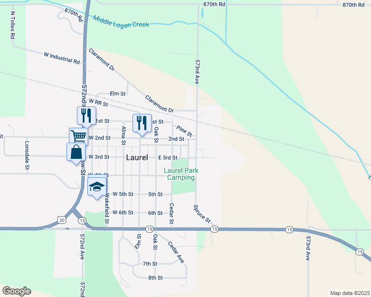 map of restaurants, bars, coffee shops, grocery stores, and more near 200 Pine Street in Laurel