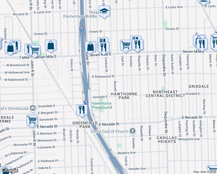 map of restaurants, bars, coffee shops, grocery stores, and more near 18640 Cardoni Street in Detroit