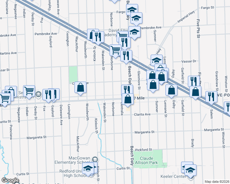 map of restaurants, bars, coffee shops, grocery stores, and more near 19144 Norborne in Redford Charter Township