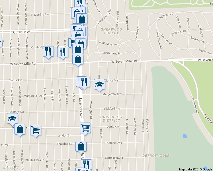 map of restaurants, bars, coffee shops, grocery stores, and more near 18667 Birchcrest Drive in Detroit