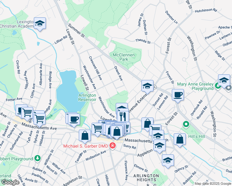 map of restaurants, bars, coffee shops, grocery stores, and more near 56 Madison Avenue in Arlington