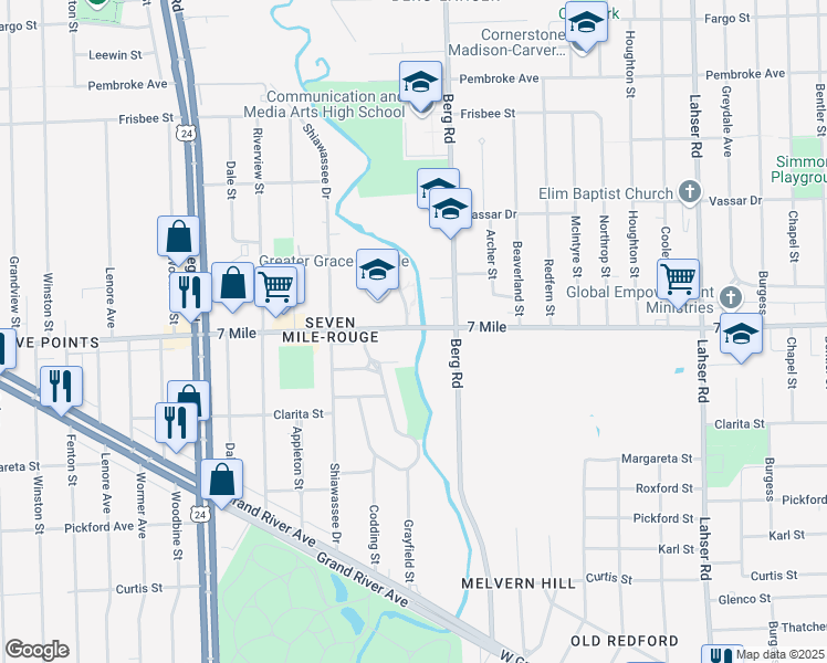 map of restaurants, bars, coffee shops, grocery stores, and more near 22901 West 7 Mile Road in Detroit