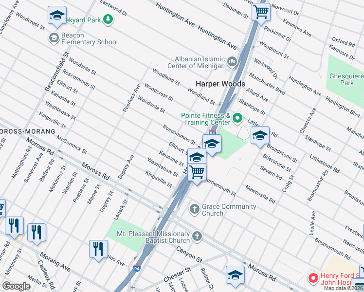 map of restaurants, bars, coffee shops, grocery stores, and more near 20641 Elkhart Street in Harper Woods