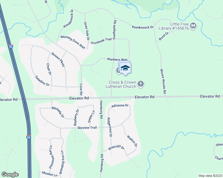 map of restaurants, bars, coffee shops, grocery stores, and more near 11633 Southgate Road in Roscoe