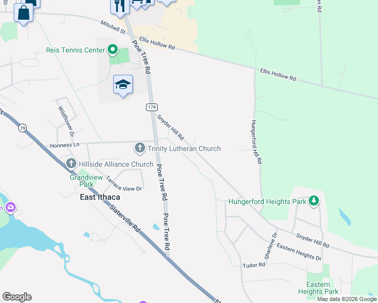 map of restaurants, bars, coffee shops, grocery stores, and more near 127 Snyder Hill Rd in Ithaca