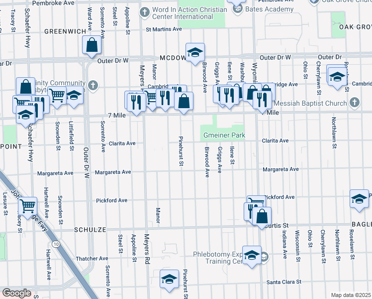 map of restaurants, bars, coffee shops, grocery stores, and more near 18690 Pinehurst Ave in Detroit