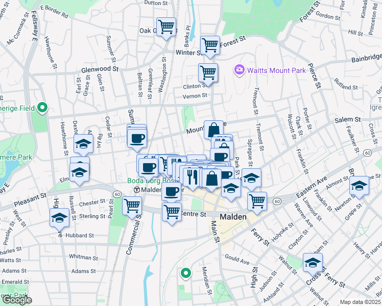 map of restaurants, bars, coffee shops, grocery stores, and more near 57 Linden Avenue in Malden