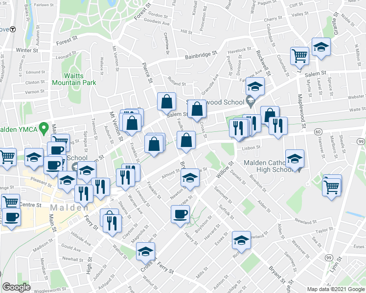 map of restaurants, bars, coffee shops, grocery stores, and more near 490 Eastern Avenue in Malden