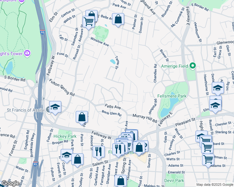 map of restaurants, bars, coffee shops, grocery stores, and more near 20 Howard Road in Medford