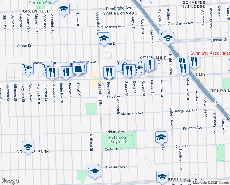 map of restaurants, bars, coffee shops, grocery stores, and more near 18923 Whitcomb in Detroit