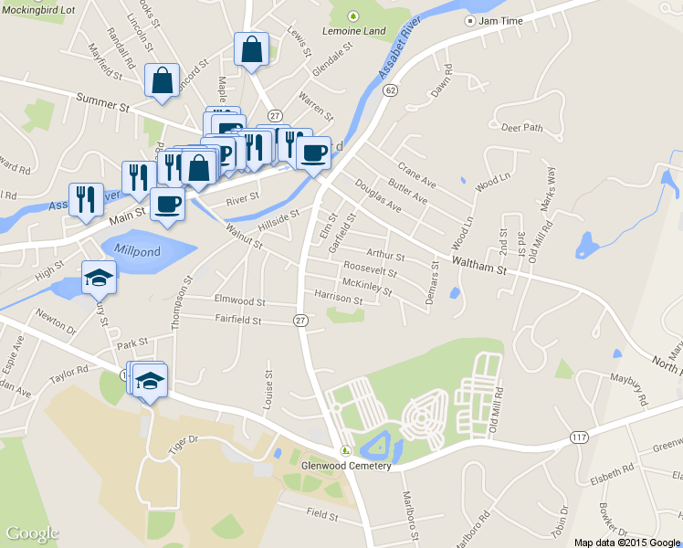 map of restaurants, bars, coffee shops, grocery stores, and more near 14 McKinley Street in Maynard