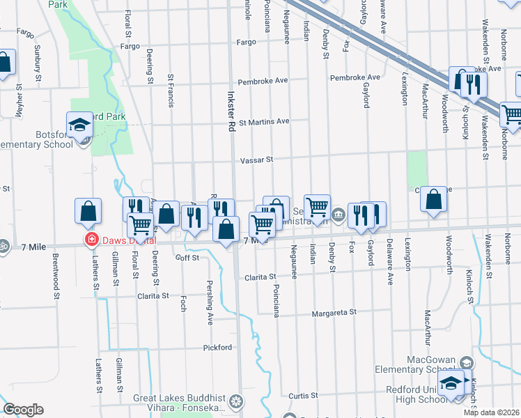 map of restaurants, bars, coffee shops, grocery stores, and more near 19188 Seminole in Redford charter Township