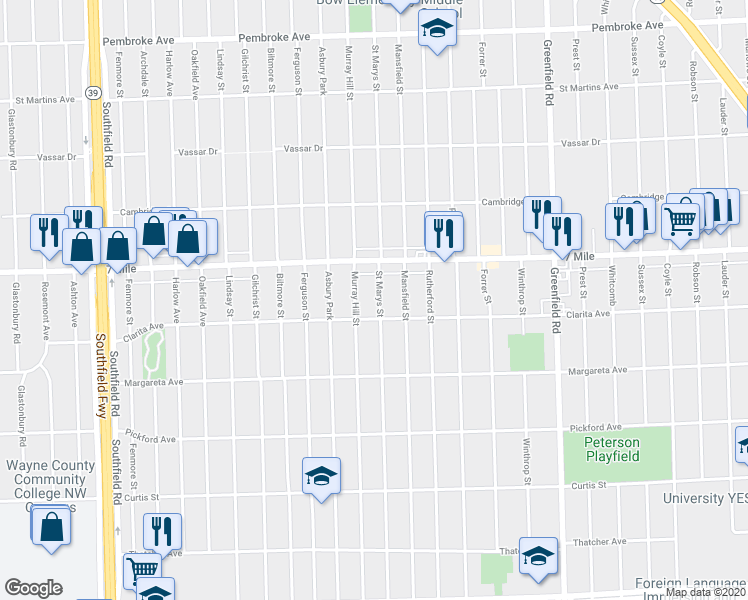 map of restaurants, bars, coffee shops, grocery stores, and more near 18935 Saint Marys Street in Detroit