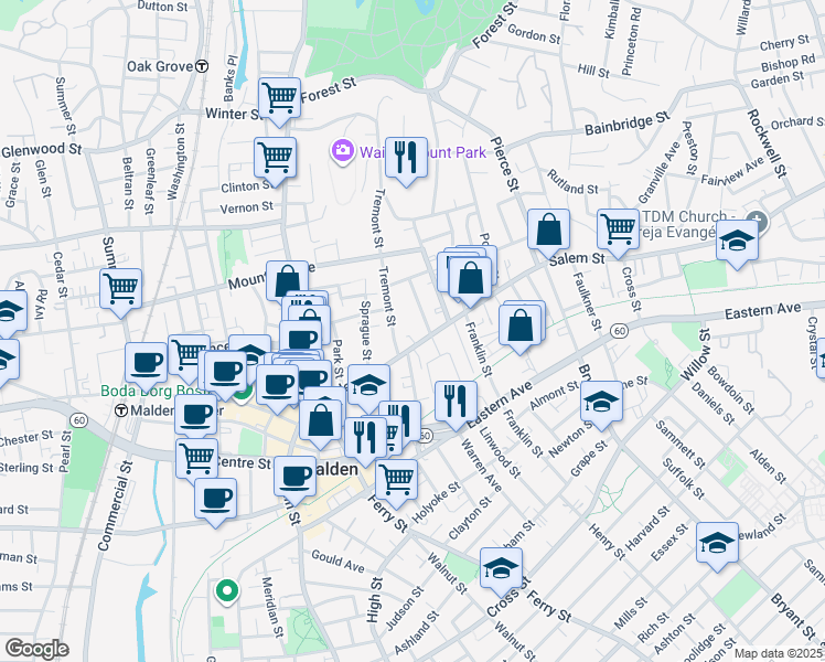 map of restaurants, bars, coffee shops, grocery stores, and more near 134 Salem Street in Malden