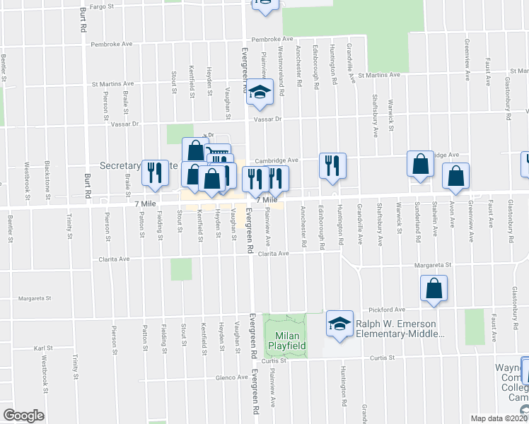 map of restaurants, bars, coffee shops, grocery stores, and more near 19029 Plainview Avenue in Detroit