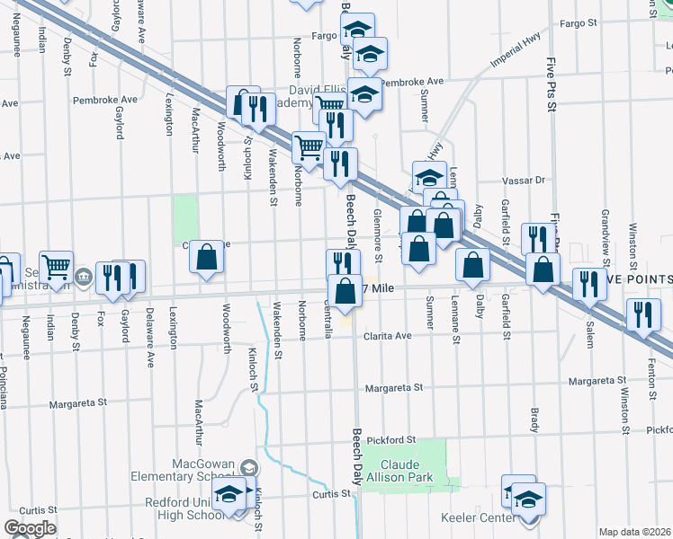 map of restaurants, bars, coffee shops, grocery stores, and more near 19142 Centralia in Redford Charter Township
