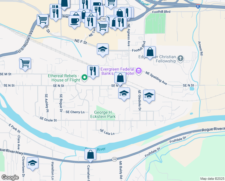 map of restaurants, bars, coffee shops, grocery stores, and more near 1783 Southeast Rosebank Way in Grants Pass