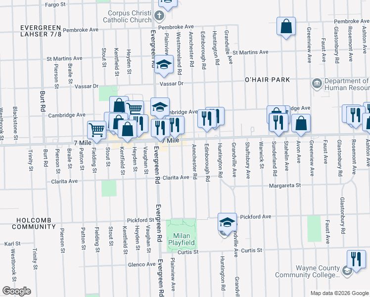 map of restaurants, bars, coffee shops, grocery stores, and more near 19026 Westmoreland Road in Detroit