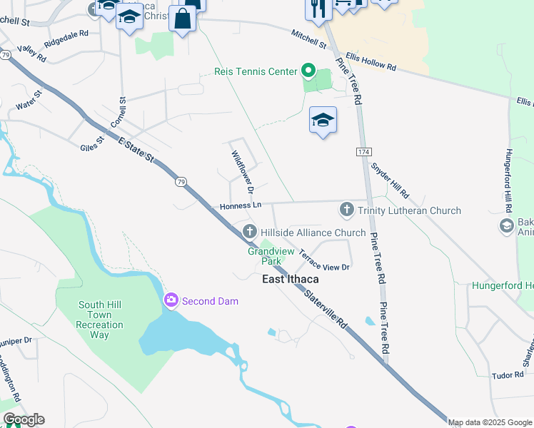 map of restaurants, bars, coffee shops, grocery stores, and more near 99 Terrace View Dr in Ithaca