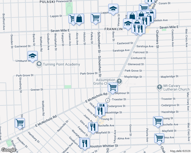 map of restaurants, bars, coffee shops, grocery stores, and more near 18096 Pelkey Street in Detroit