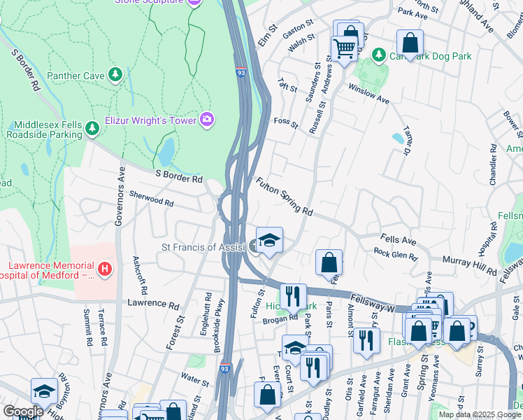 map of restaurants, bars, coffee shops, grocery stores, and more near 15 Leonard Circle in Medford