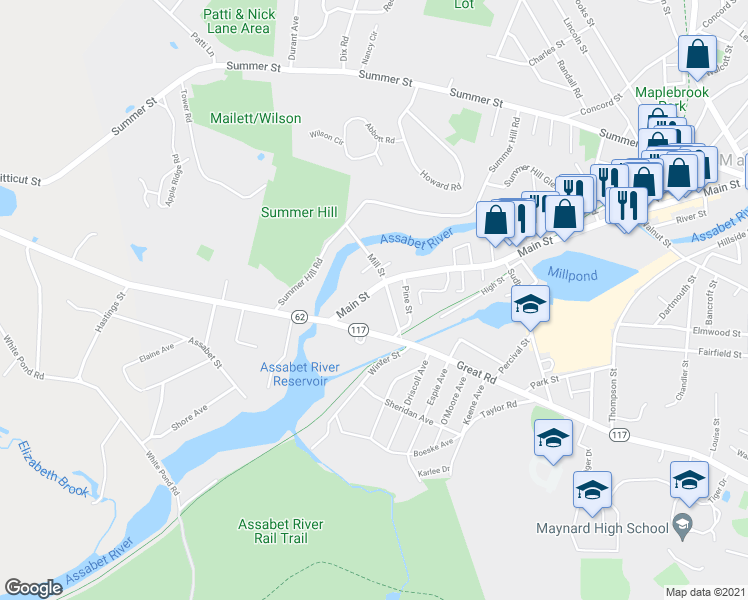 map of restaurants, bars, coffee shops, grocery stores, and more near 214 Main Street in Maynard