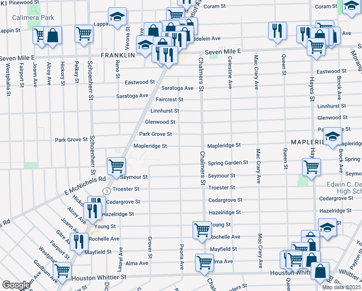 map of restaurants, bars, coffee shops, grocery stores, and more near in Detroit