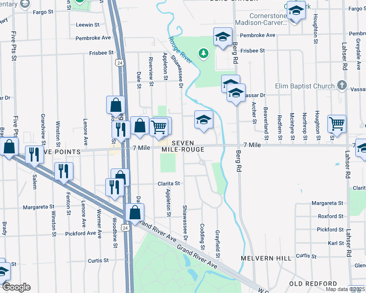 map of restaurants, bars, coffee shops, grocery stores, and more near West 7 Mile Road & Shiawassee Drive in Detroit