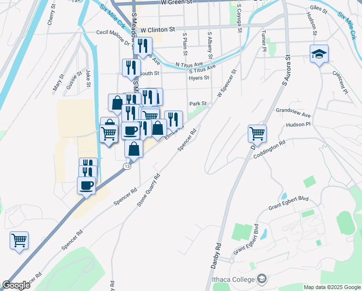 map of restaurants, bars, coffee shops, grocery stores, and more near 324 Spencer Road in Ithaca