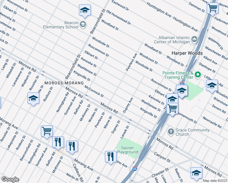 map of restaurants, bars, coffee shops, grocery stores, and more near 20083 Kingsville Street in Harper Woods