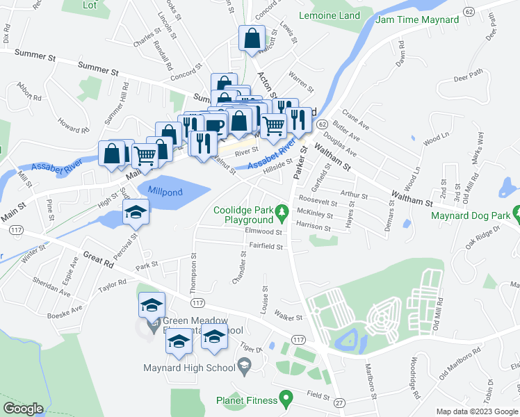 map of restaurants, bars, coffee shops, grocery stores, and more near Bancroft Street in Maynard