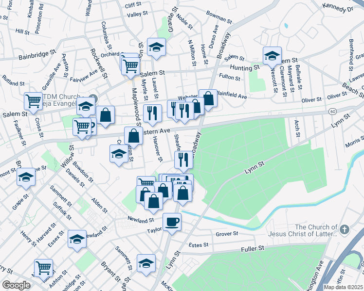 map of restaurants, bars, coffee shops, grocery stores, and more near 16 Byron Street in Malden