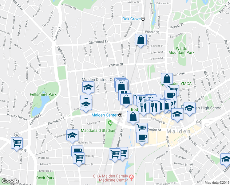 map of restaurants, bars, coffee shops, grocery stores, and more near 30-32 Maple Street in Malden