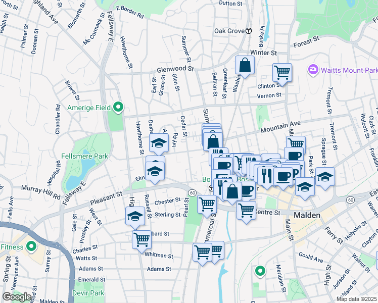 map of restaurants, bars, coffee shops, grocery stores, and more near 64 Maple Street in Malden